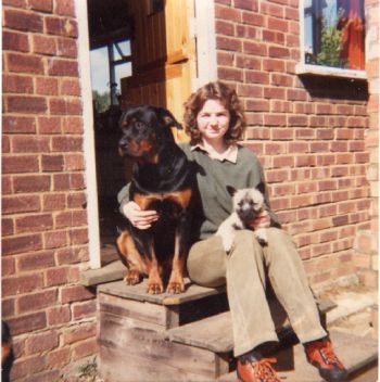 Joanne , 'Bella' (Nedraw Black Sunshine) and Pendley Peggoty(sired by Ch Oudenarde Night March) 1980.